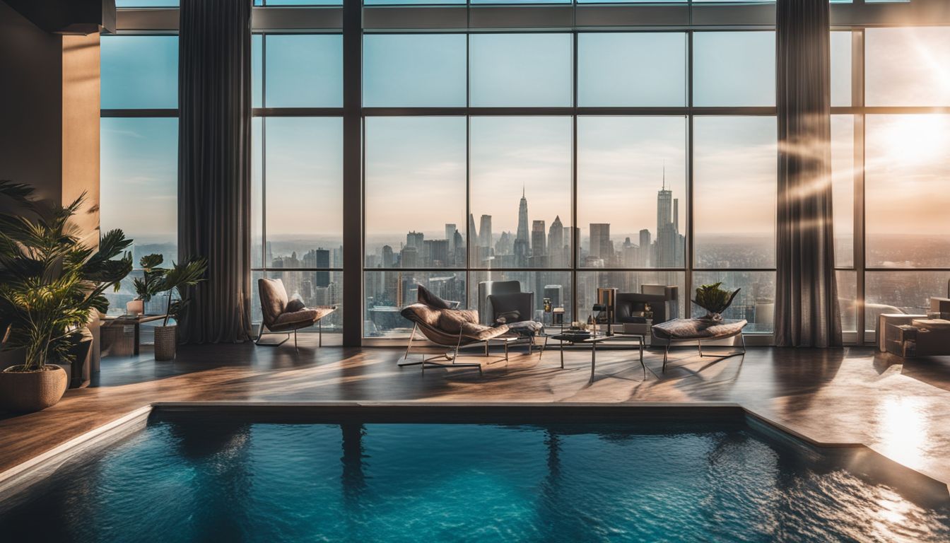 A stunning high-rise condominium with a pool overlooking the city skyline, featuring diverse people, outfits, and hairstyles.