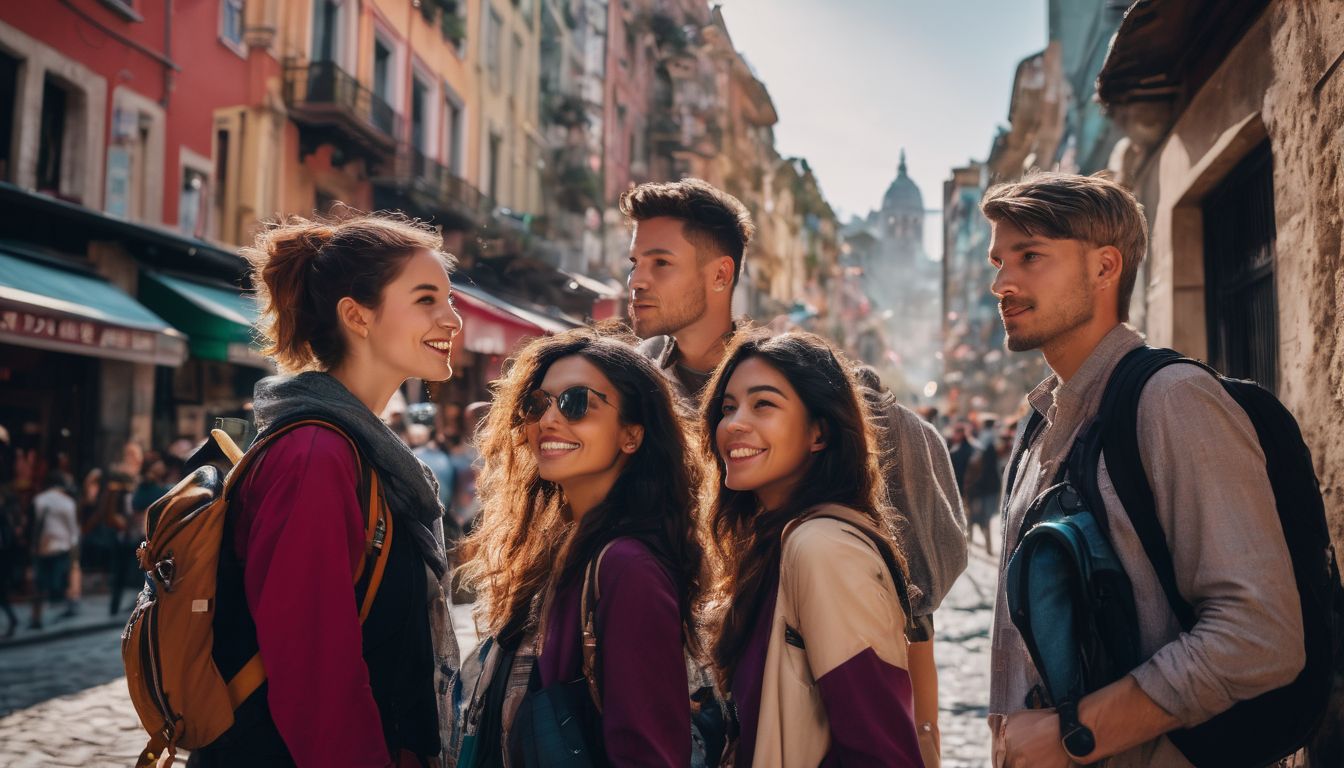 A diverse group of travelers explore a vibrant cityscape, captured in high-resolution with professional camera equipment.