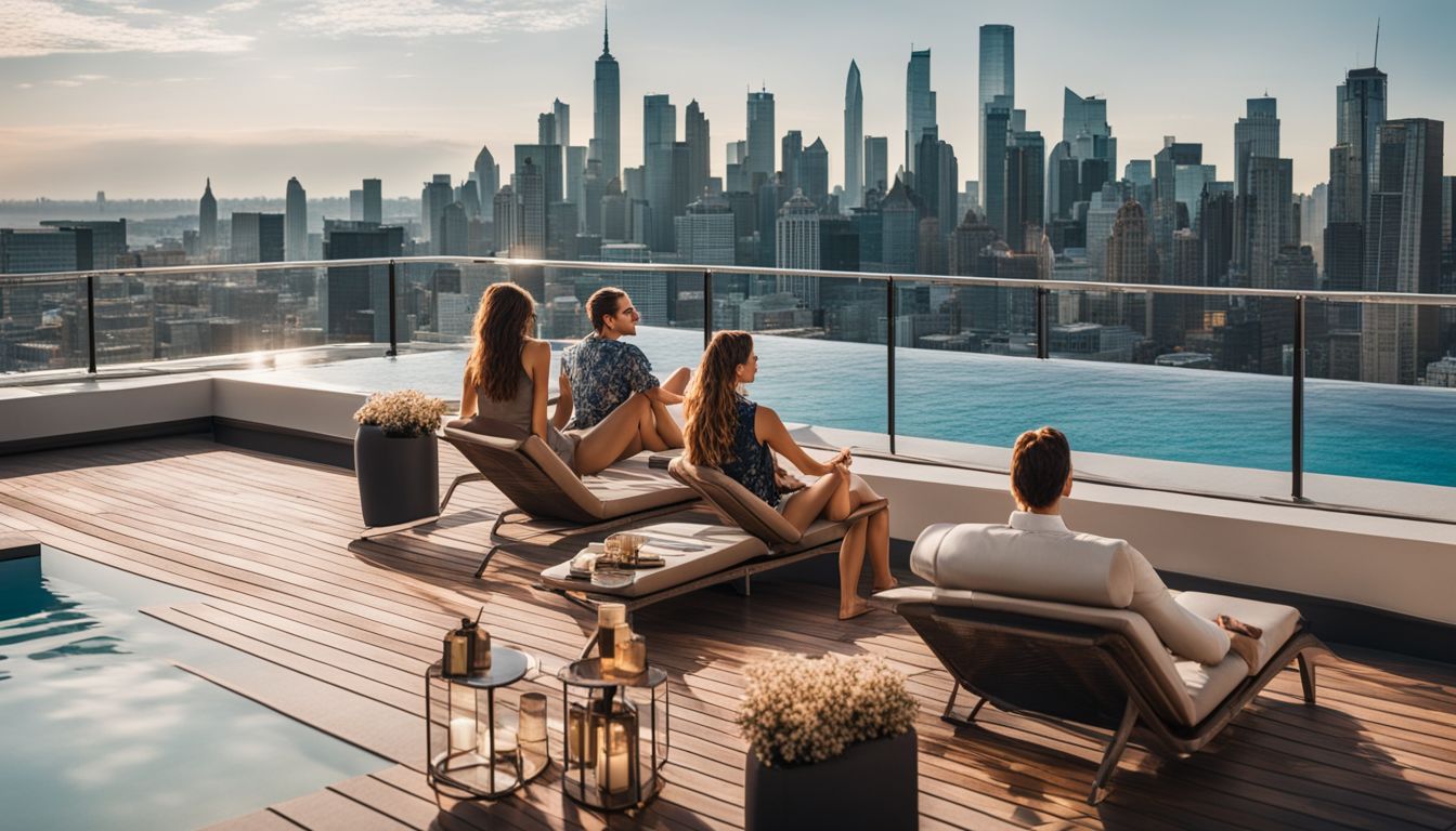 A stunning rooftop pool with lounge chairs and a city skyline backdrop.
