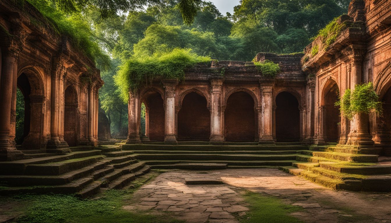 The photo captures the beautiful ruins of palaces and temples in Sonargaon surrounded by lush greenery.
