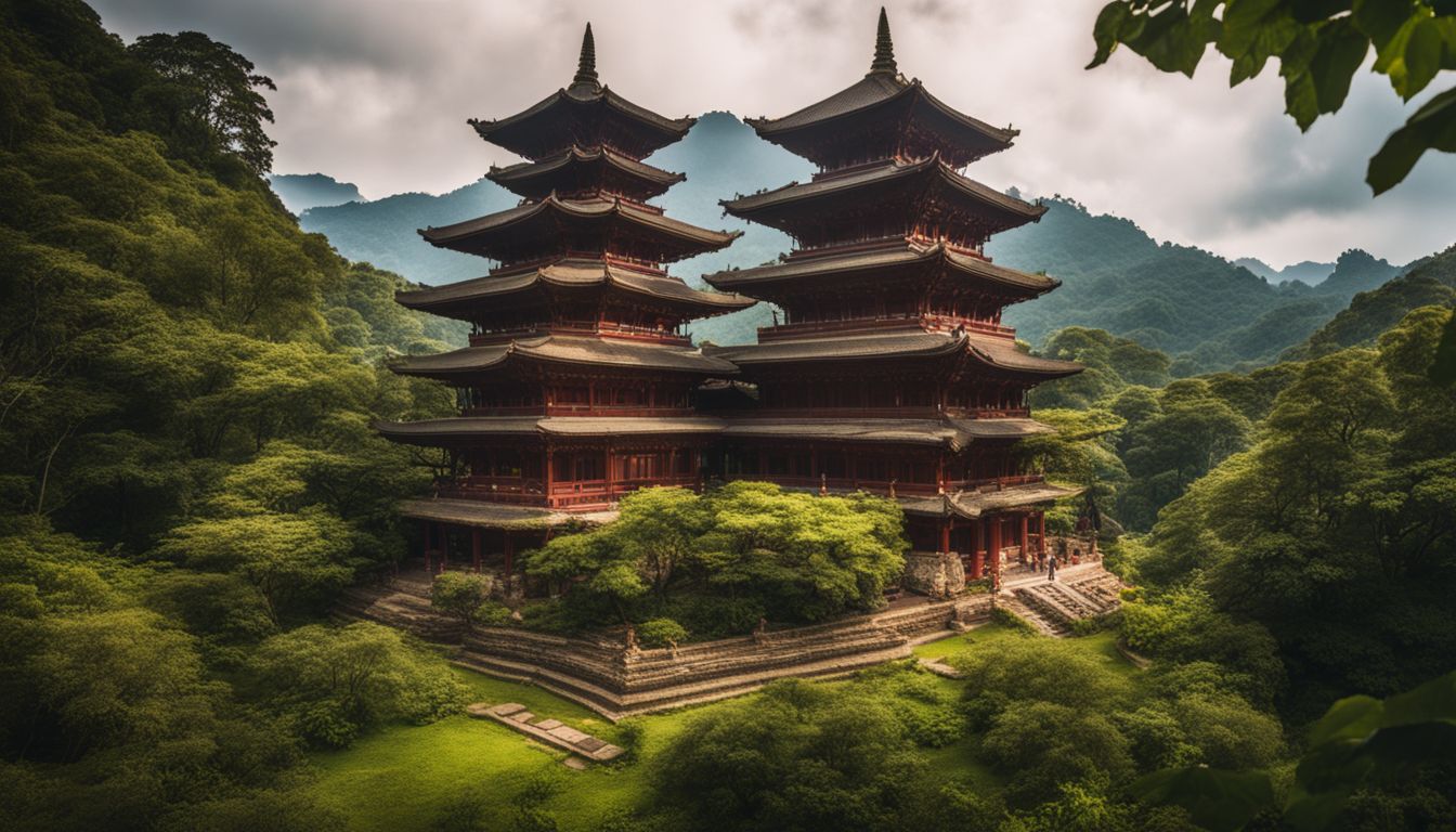 The photo captures a beautiful ancient Buddhist temple surrounded by lush greenery in a bustling atmosphere.