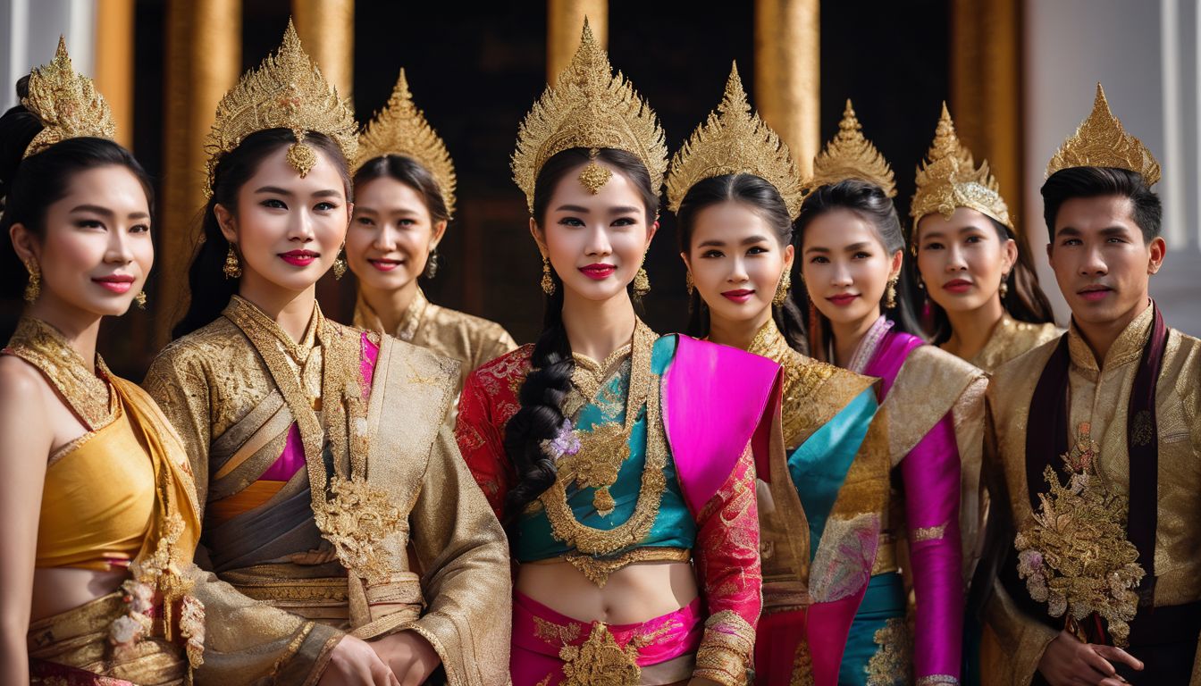 A group of people wearing traditional Thai costumes pose in front of a historical landmark.