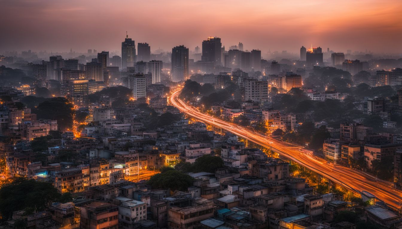 A stunning cityscape of modern Dhaka at dusk, showcasing a diverse population and bustling atmosphere.