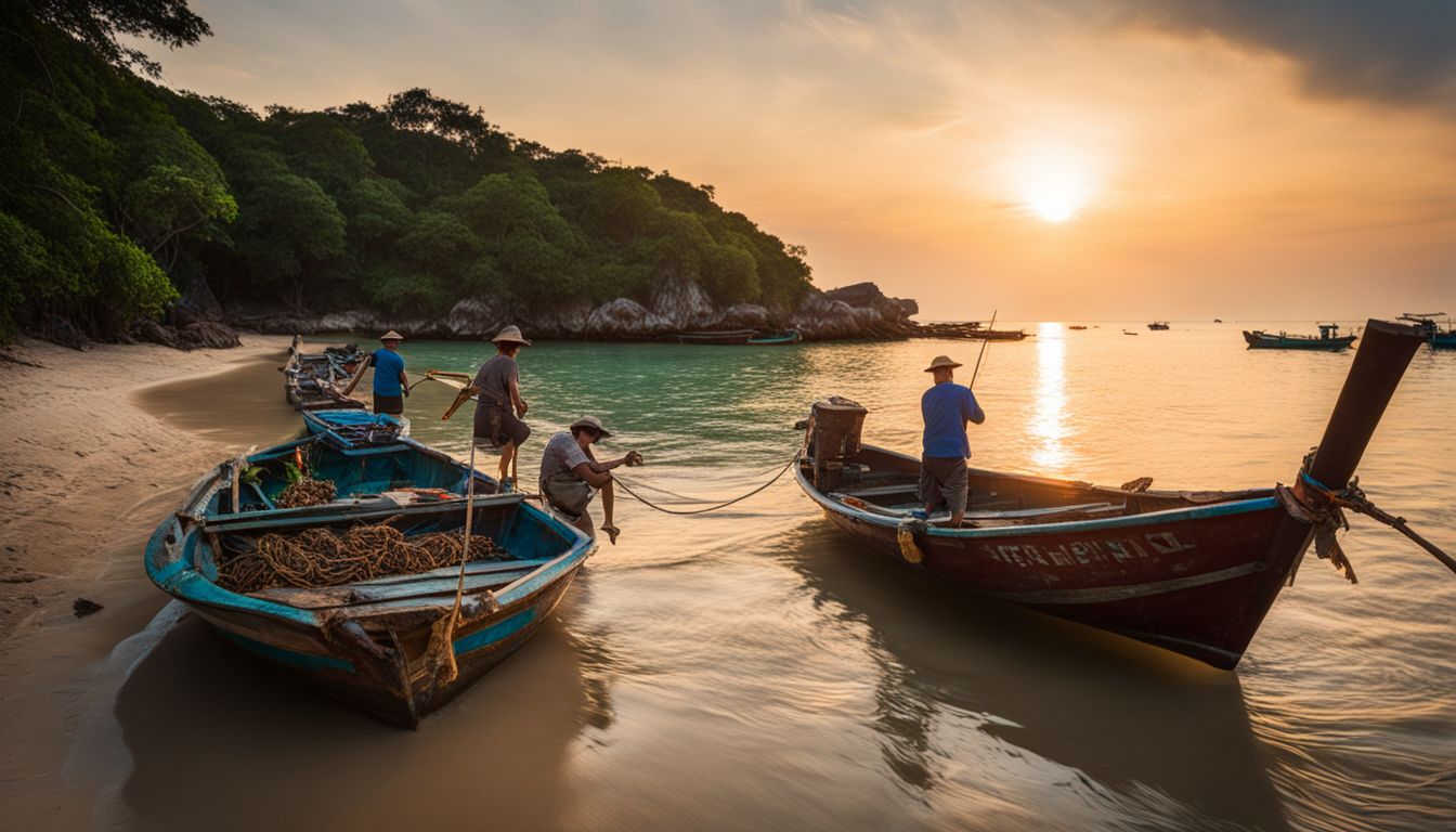 A traditional Thai fishing boat with fishermen unloading their catch in Ko Samet.