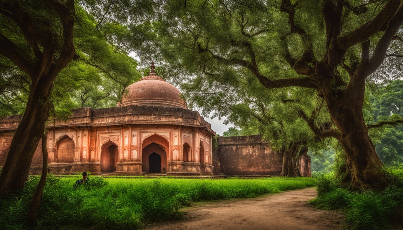 A photo of a historic Mughal fort on Sandwip Island surrounded by lush greenery and a bustling atmosphere.