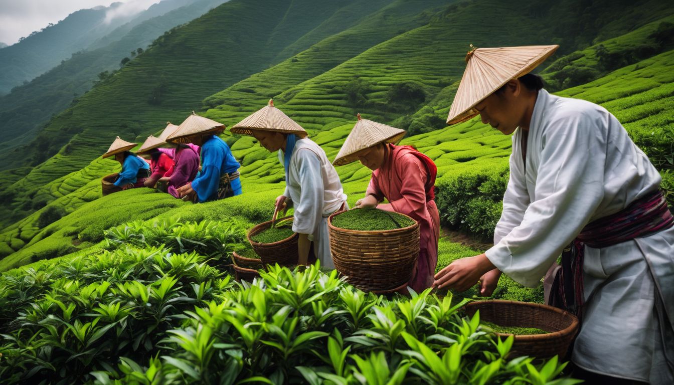 A diverse group of tea pickers in traditional attire surrounded by lush green tea bushes.