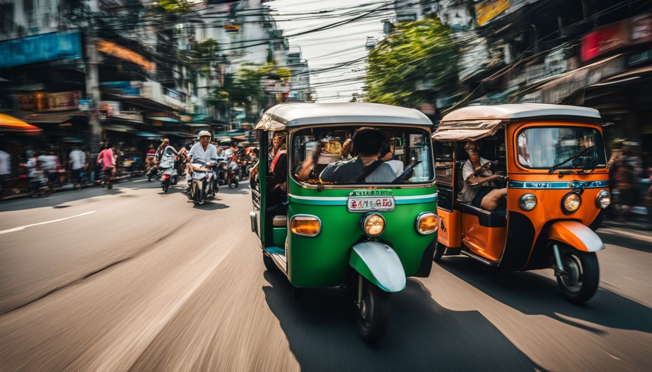 A bustling city scene capturing the urban transportation and diverse people in Bangkok, Thailand.