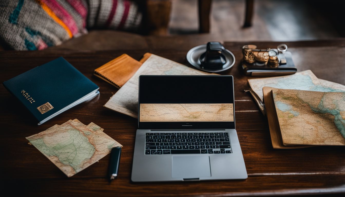 A photo of a laptop, passport, and map on a wooden table depicting travel photography and exploration.