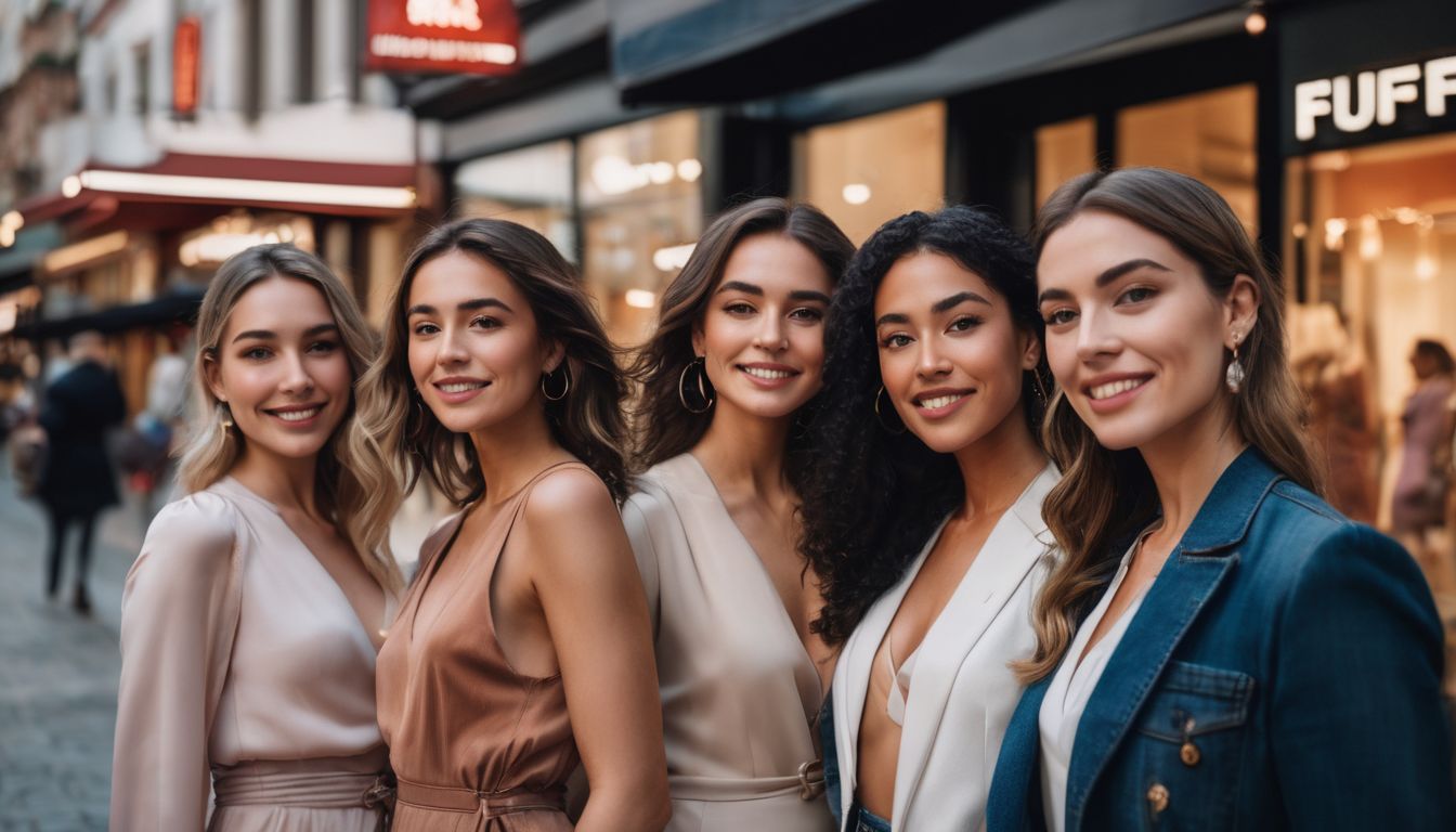 A group of diverse women confidently pose in front of a clothing store.