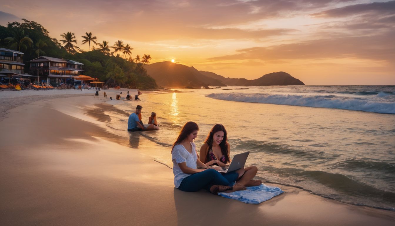 A group of diverse travelers checking flight prices on laptops while enjoying a beach sunset.
