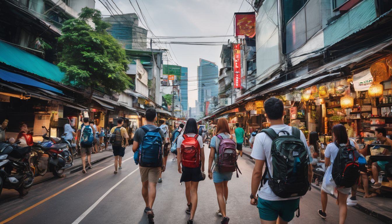 A group of diverse backpackers exploring the lively streets of Bangkok with their travel gear.