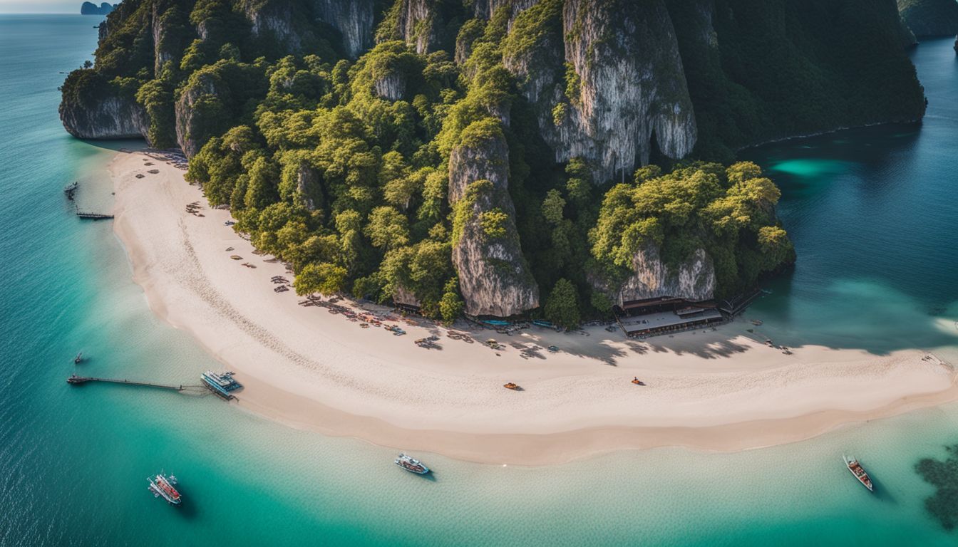 An aerial photograph of Railay Beach showcasing its turquoise waters, limestone cliffs, and bustling atmosphere.
