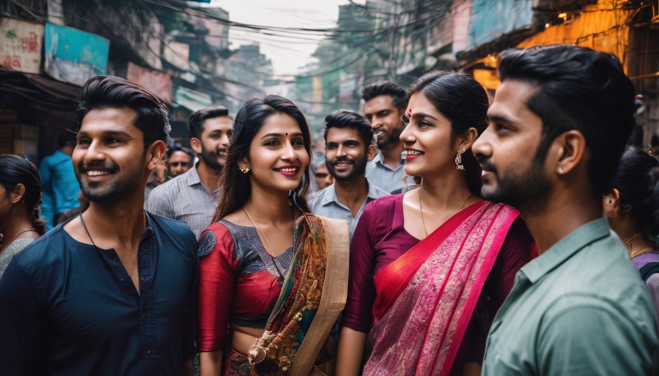 A diverse group of friends exploring the vibrant streets of Dhaka, captured in a high-quality photograph.