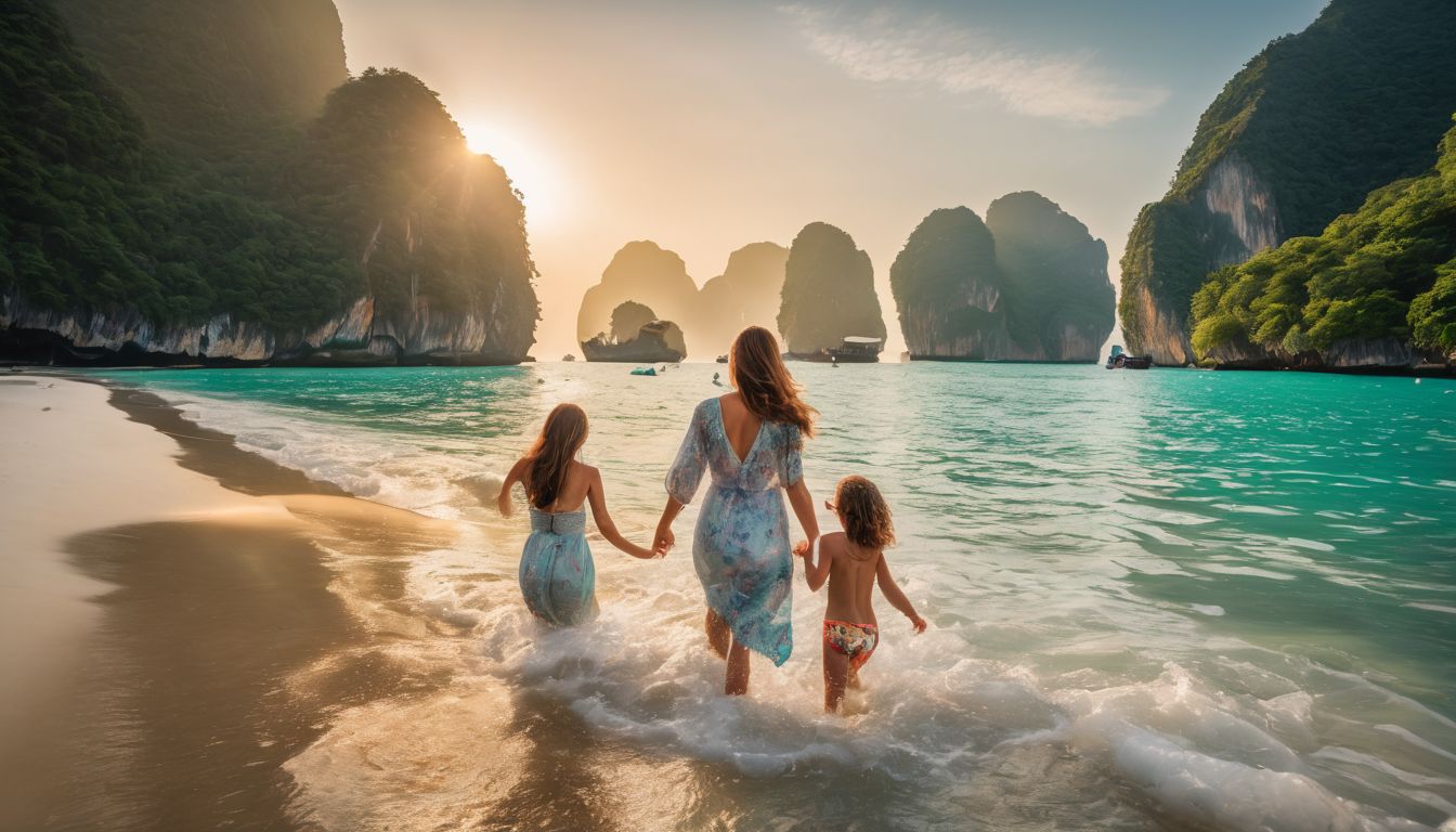 A joyful family enjoys playing in the turquoise waters of a Thai beach.