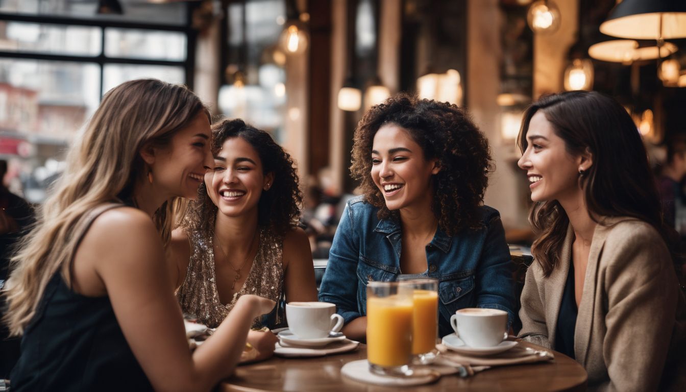 A group of diverse women enjoy each other's company in a bustling café.
