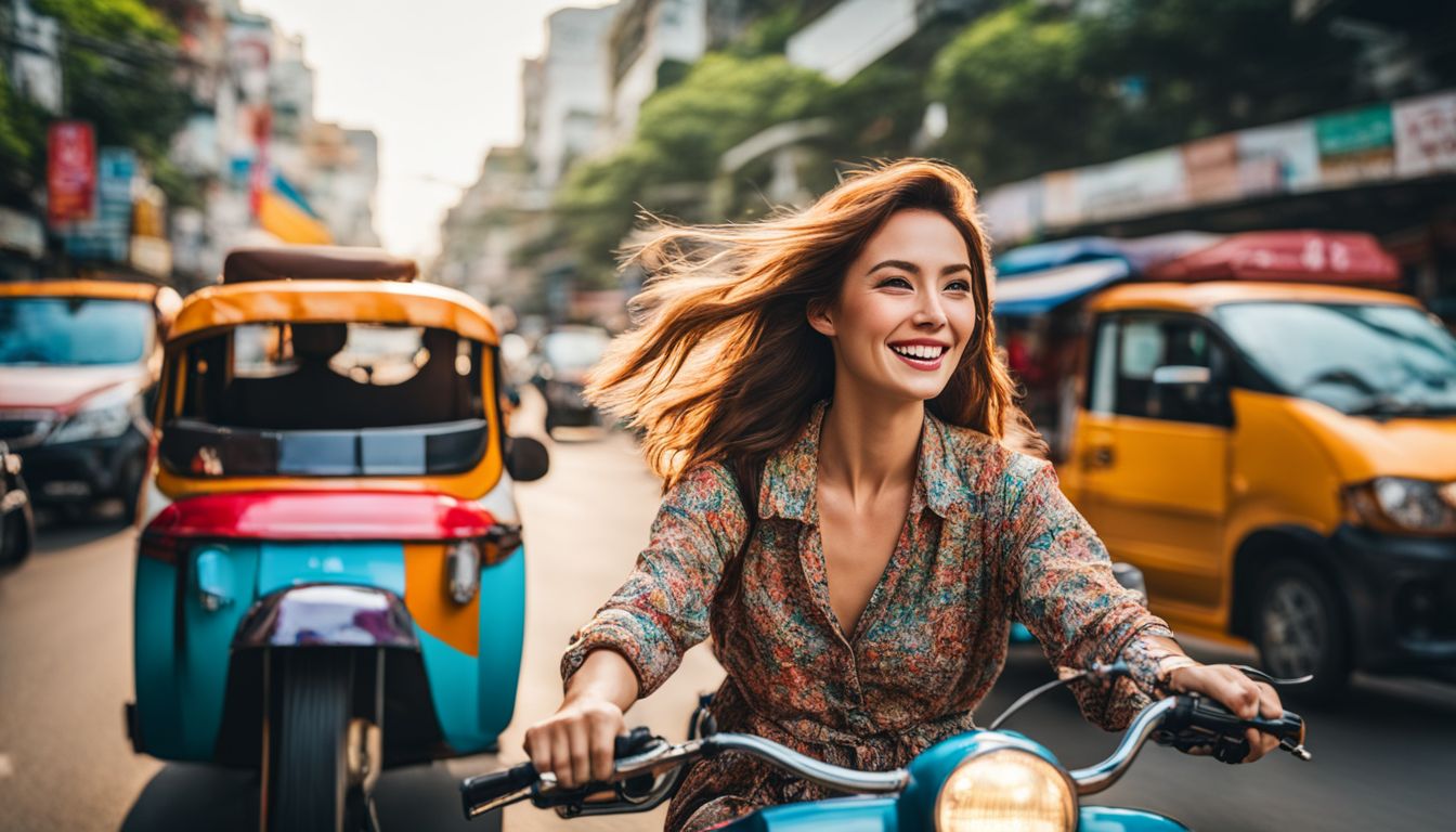 A woman joyfully rides a colorful tuk-tuk through the bustling streets of Bangkok.