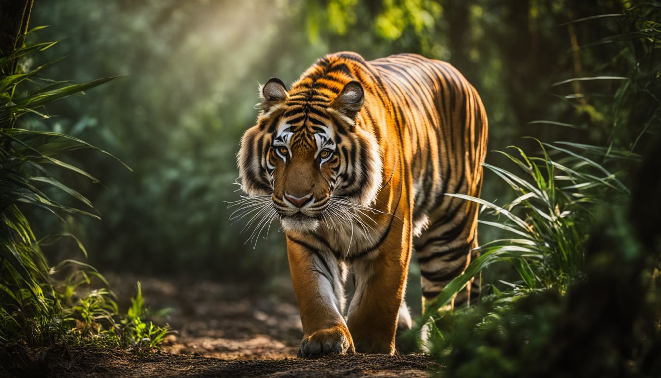 A photograph of a Royal Bengal Tiger prowling through a jungle with various people capturing the moment.
