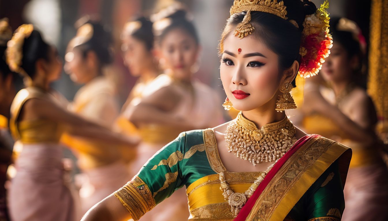 A photo of a traditional Thai dance performed at a temple, capturing the elegance and grace of Thai culture and traditions.