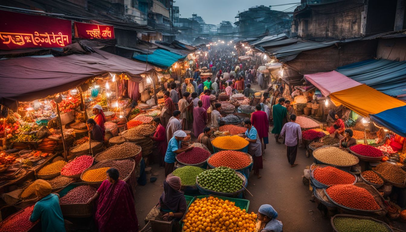 A vibrant marketplace in Dhaka, showcasing a diversity of people, fashion, and bustling atmosphere.