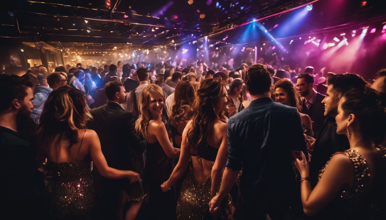 A lively nightclub scene with diverse individuals dancing and having a great time.