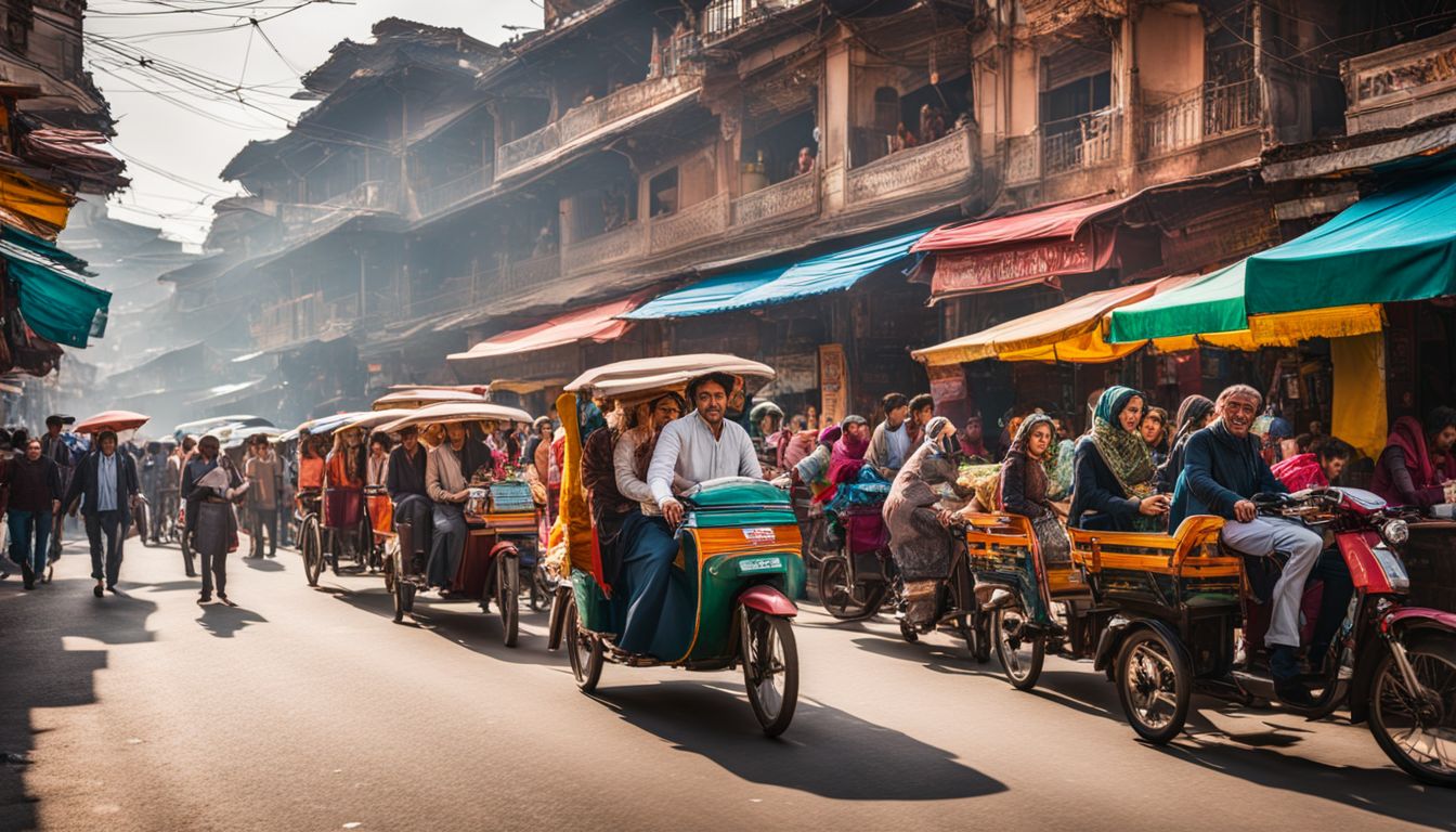 A vibrant city street filled with colorful rickshaws, bustling markets, and diverse people.