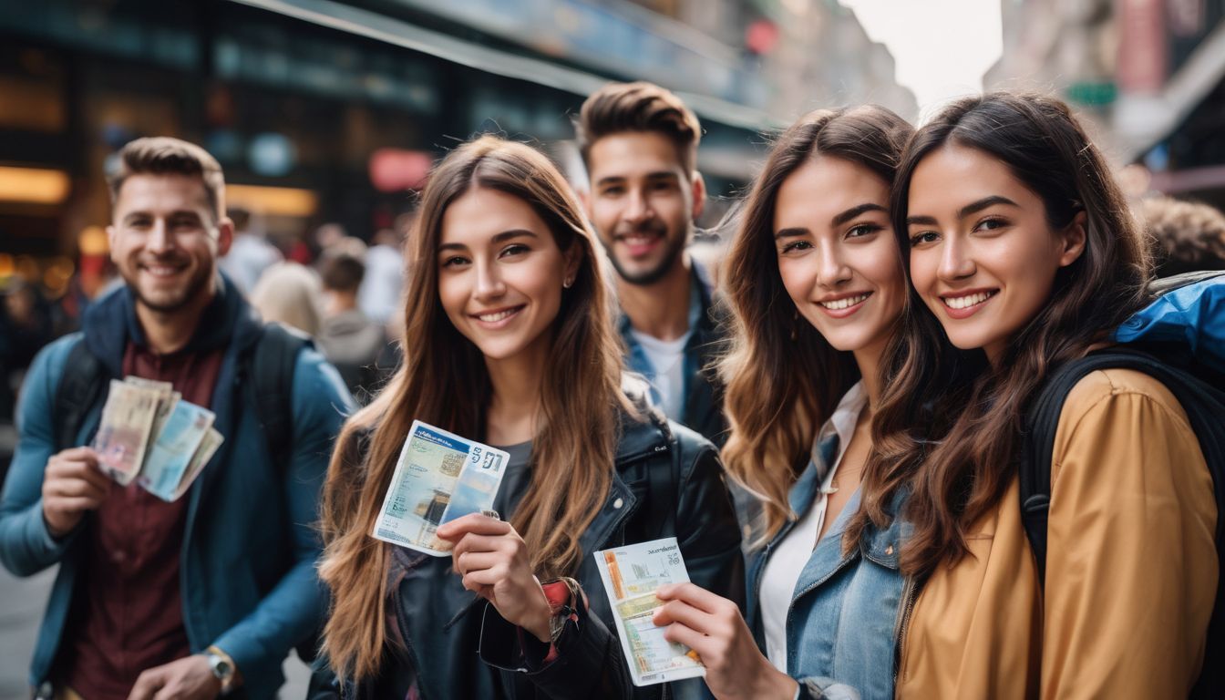A diverse group of people from different countries holding passports and boarding passes, creating a bustling atmosphere.