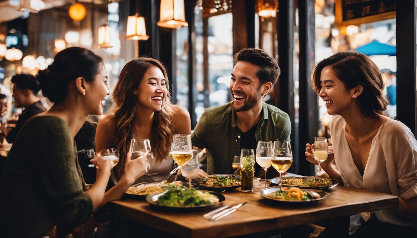 A group of diverse friends enjoying a meal together at a Thai restaurant.