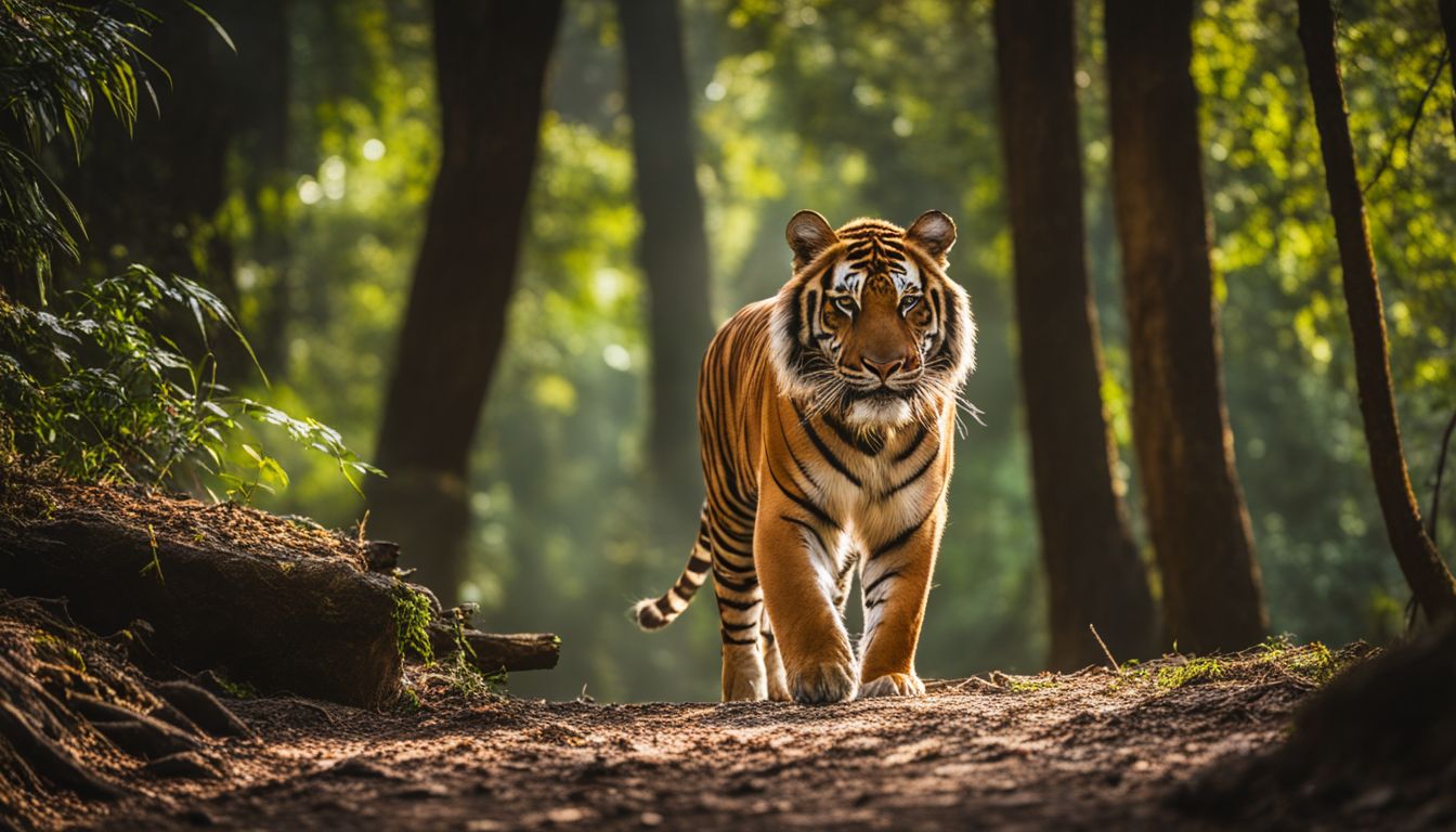 A lone Royal Bengal tiger walking through a dense forest in a wildlife photography shot.