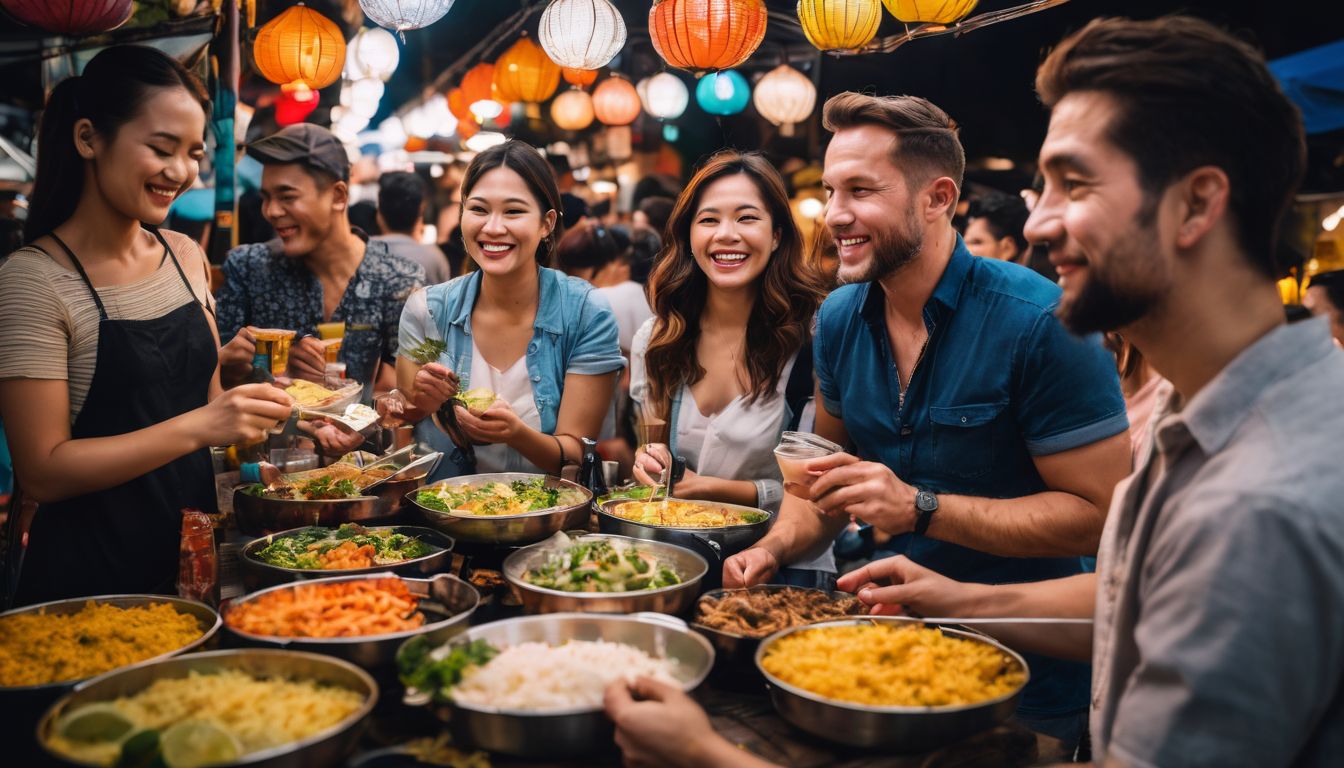 A diverse group of travelers enjoying a street food market in Thailand.