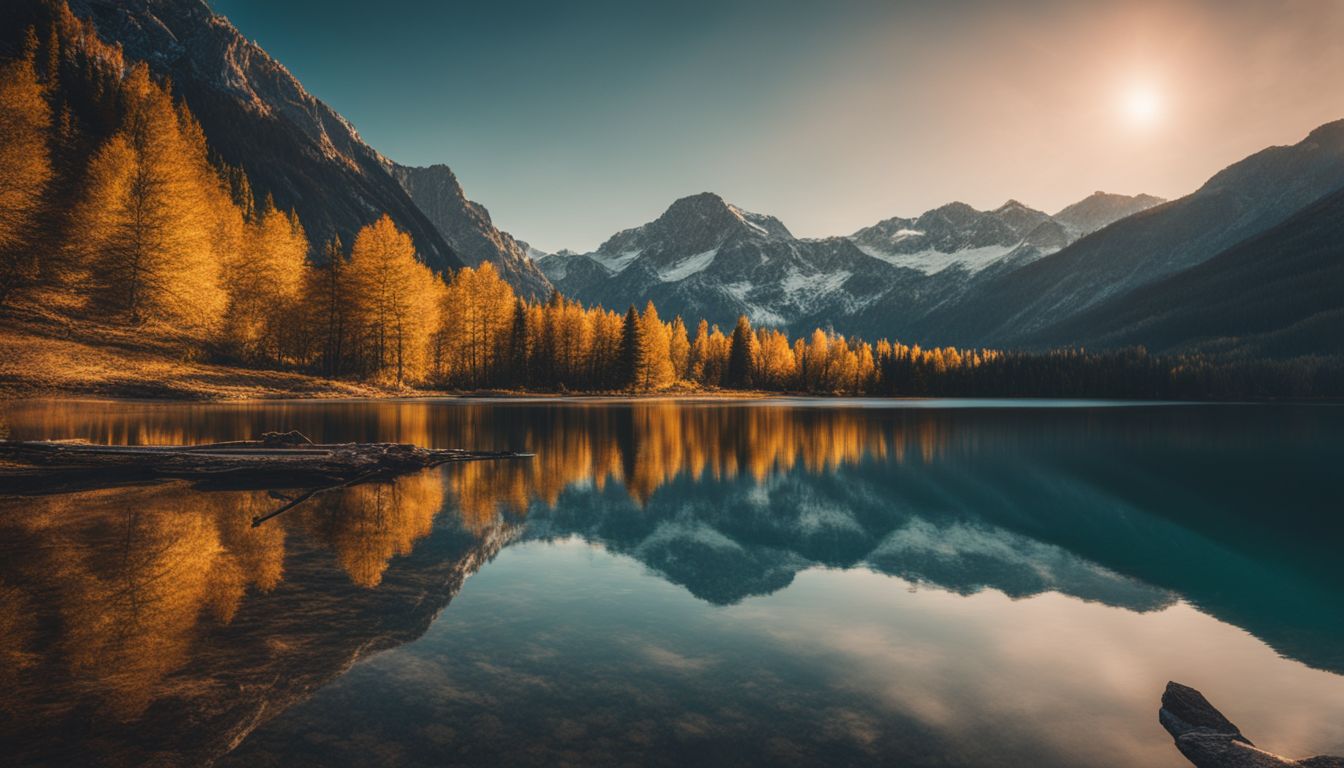 A stunning landscape photo of mountains reflecting in a crystal-clear lake, with people of diverse appearances and styles.