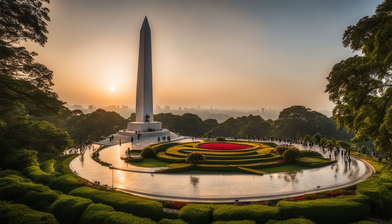 A photo of the National Martyrs' Memorial surrounded by lush greenery, capturing the atmosphere at golden hour.