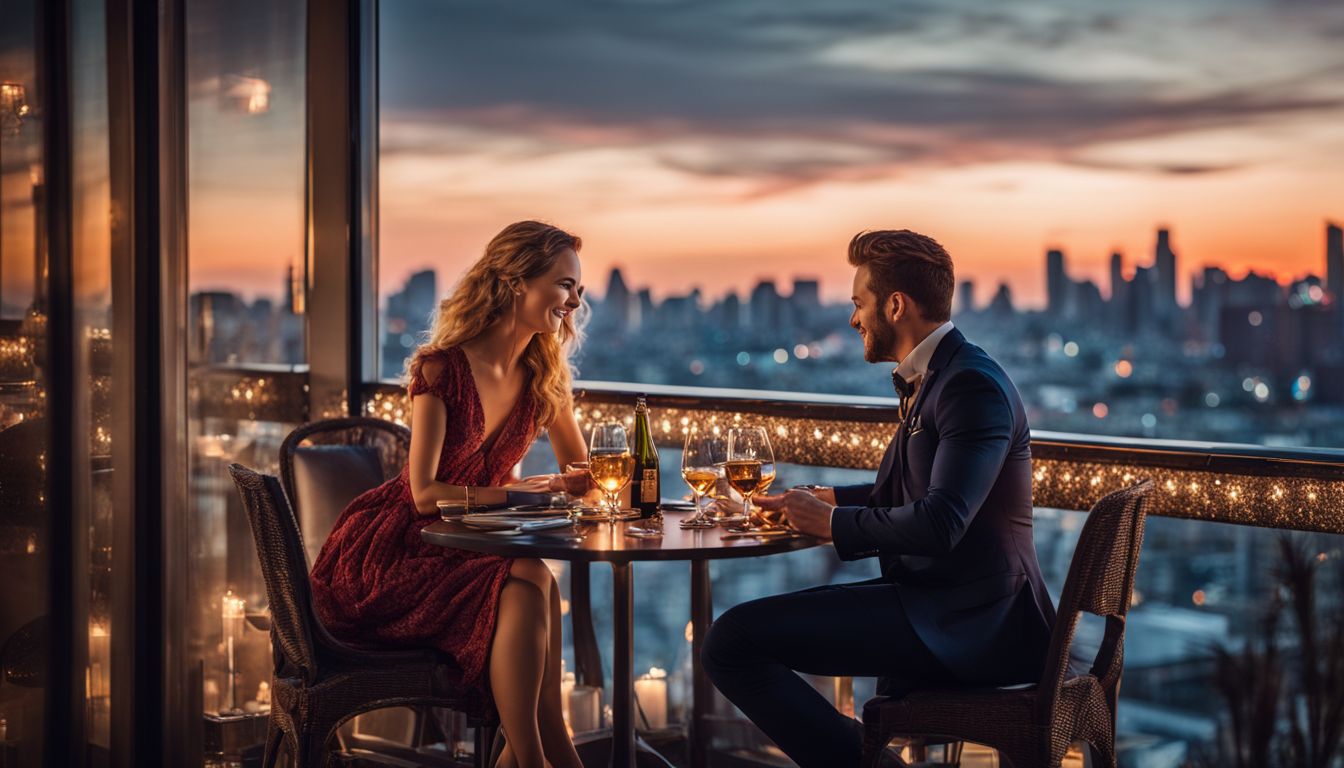A stylish couple enjoying a romantic dinner in a rooftop restaurant with a bustling atmosphere.