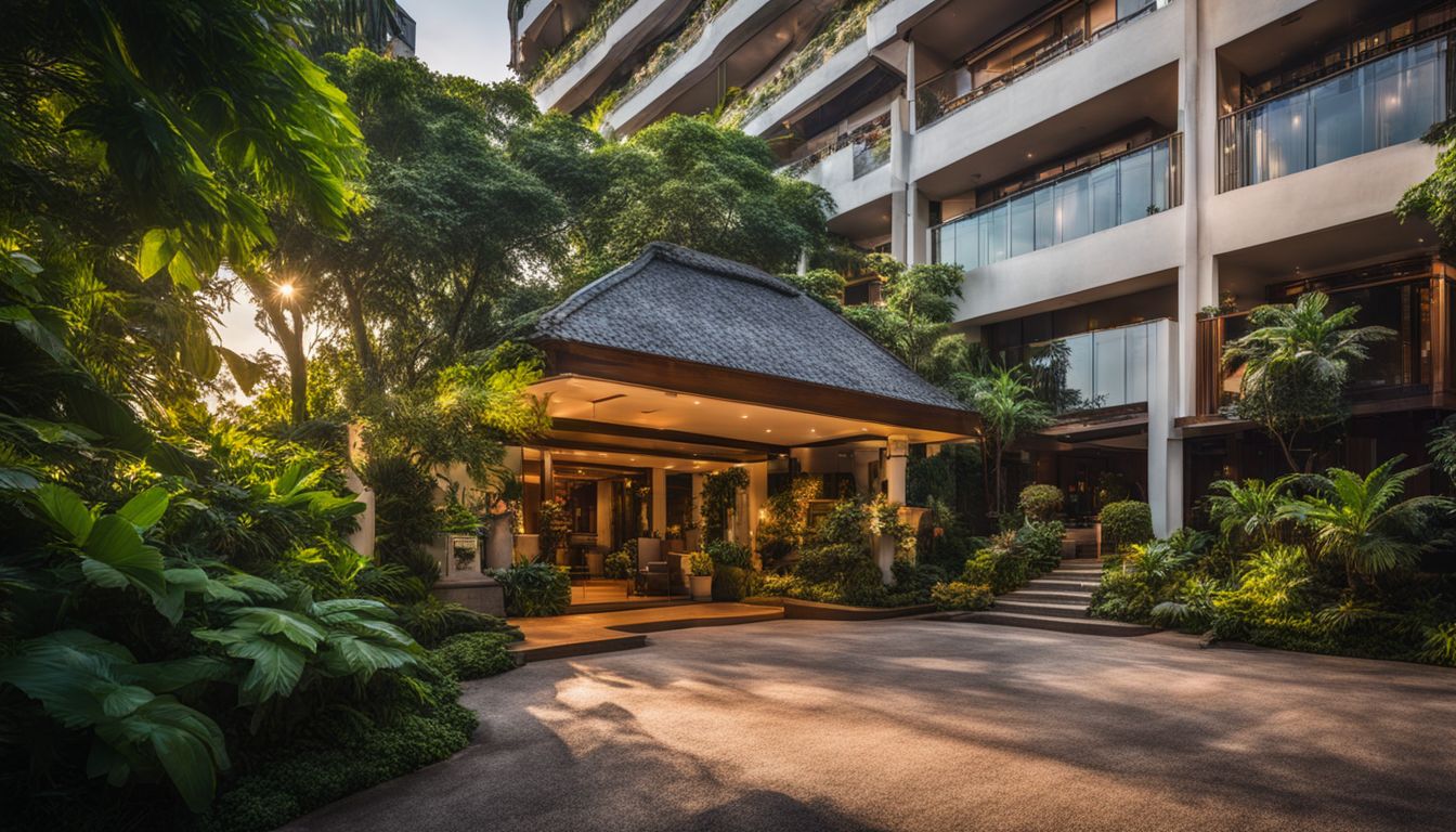 The entrance of Kasayapi Hotel, surrounded by lush greenery, with a bustling atmosphere and diverse individuals.