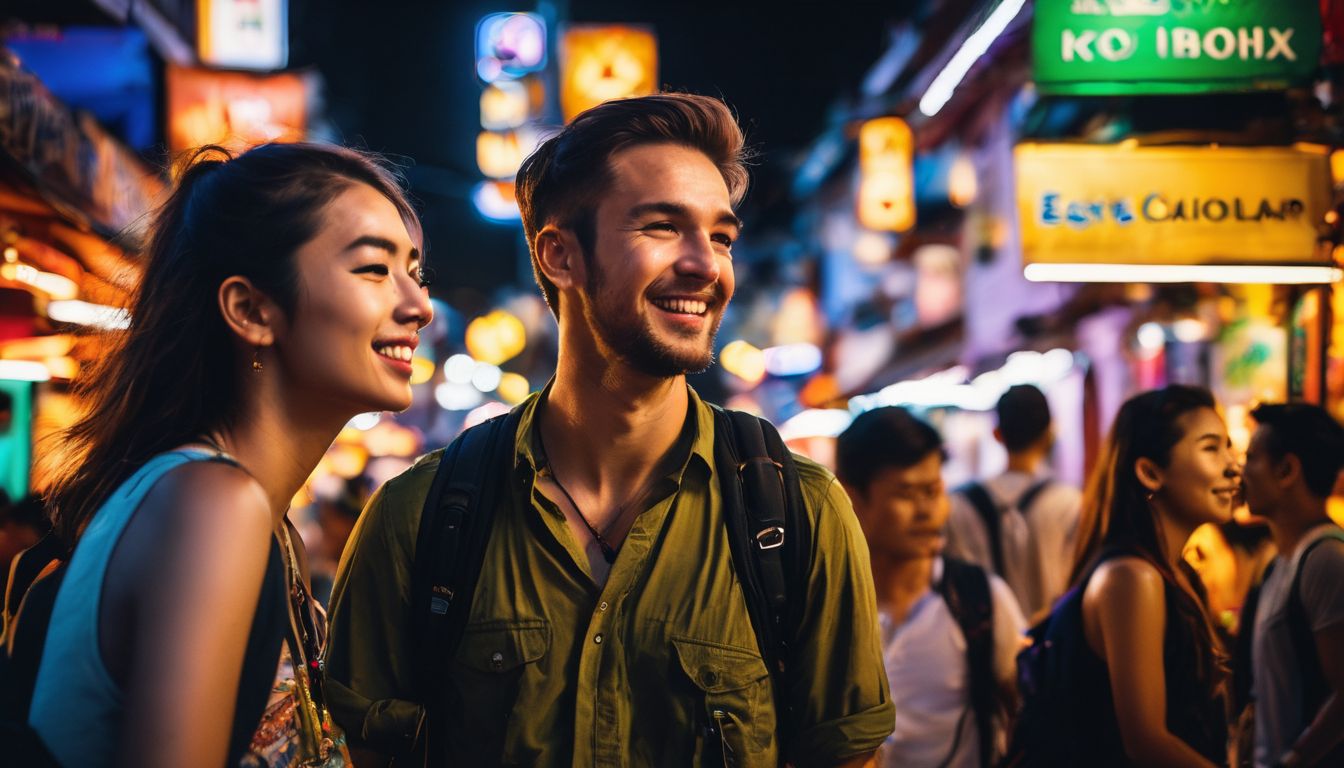 A diverse group of backpackers experiencing the lively atmosphere of Khao San Road at night.