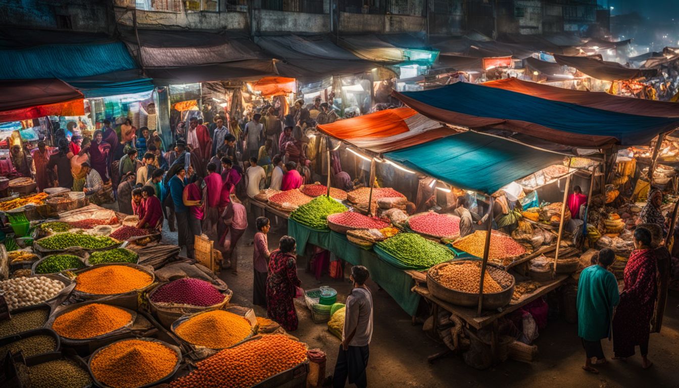 A vibrant street market in Khulna filled with colorful stalls and local vendors.