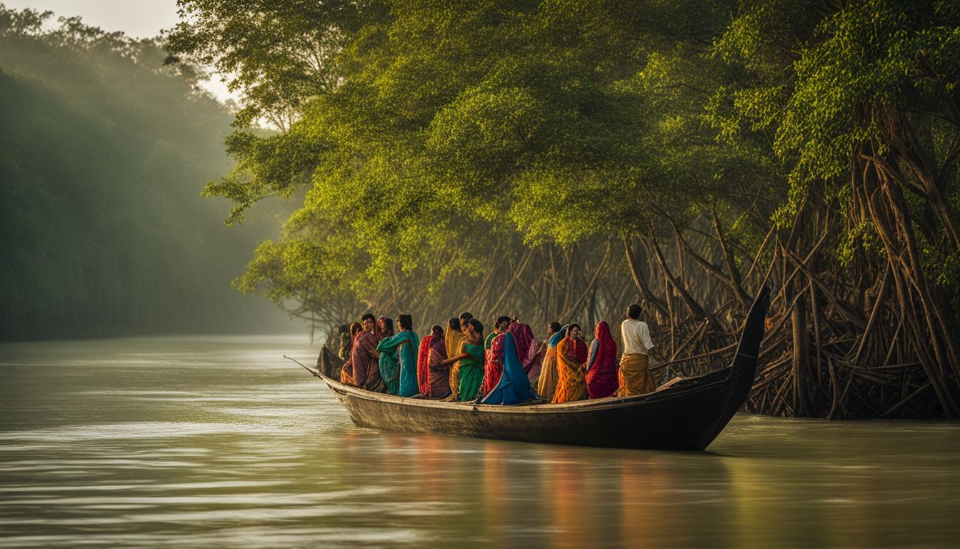A boat sails through the lush mangrove forests of the Sundarbans on the Bhairab River.