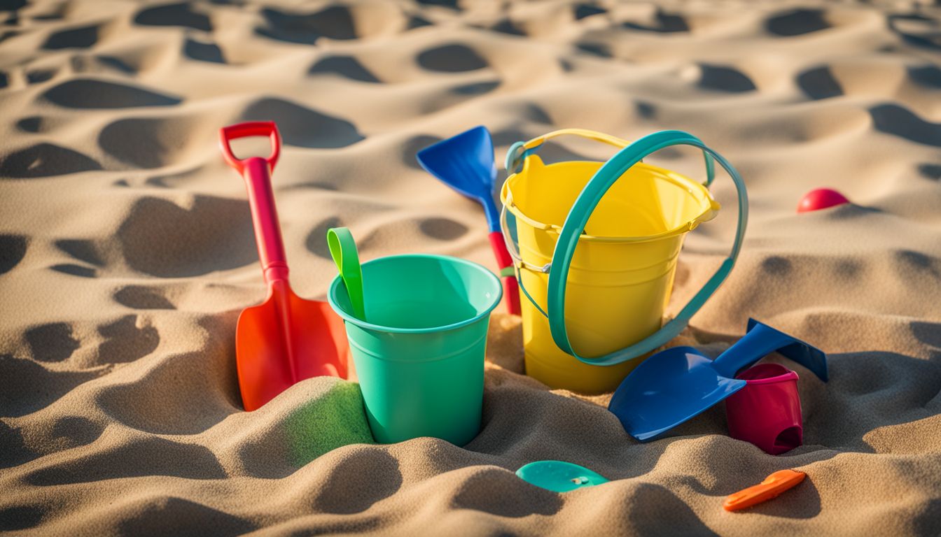 A vibrant collection of beach toys and accessories arranged on a sandy beach.
