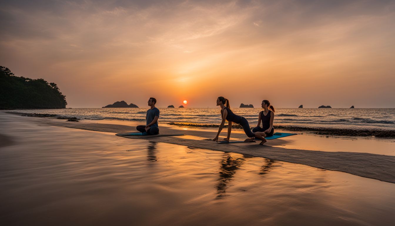 A vibrant sunset yoga session on Klong Dao Beach featuring diverse participants practicing in various outfits and poses.