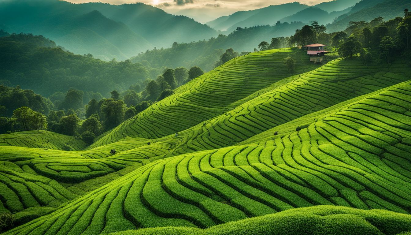 A vibrant photo of lush green tea fields with diverse people enjoying the bustling atmosphere.