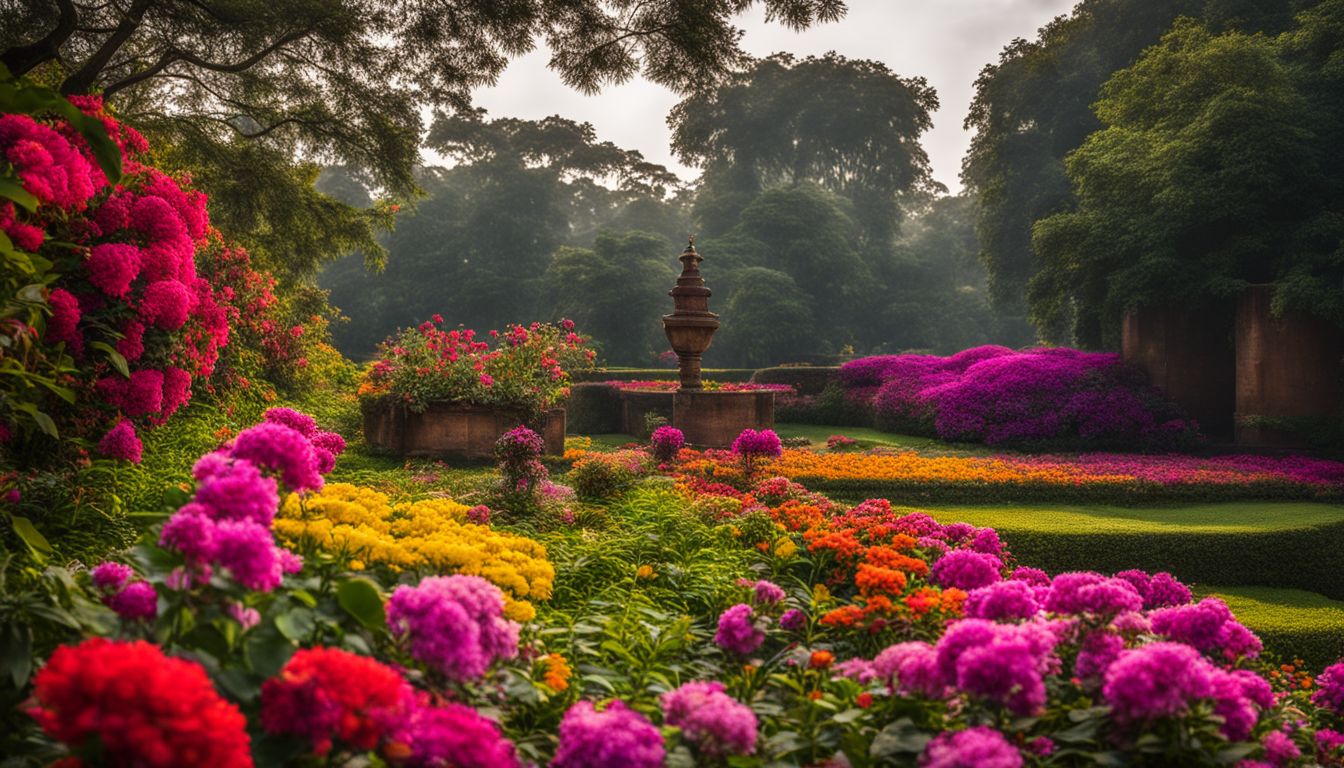 The photo showcases the lush gardens and vibrant flowers surrounding Lalbagh Fort in full bloom.