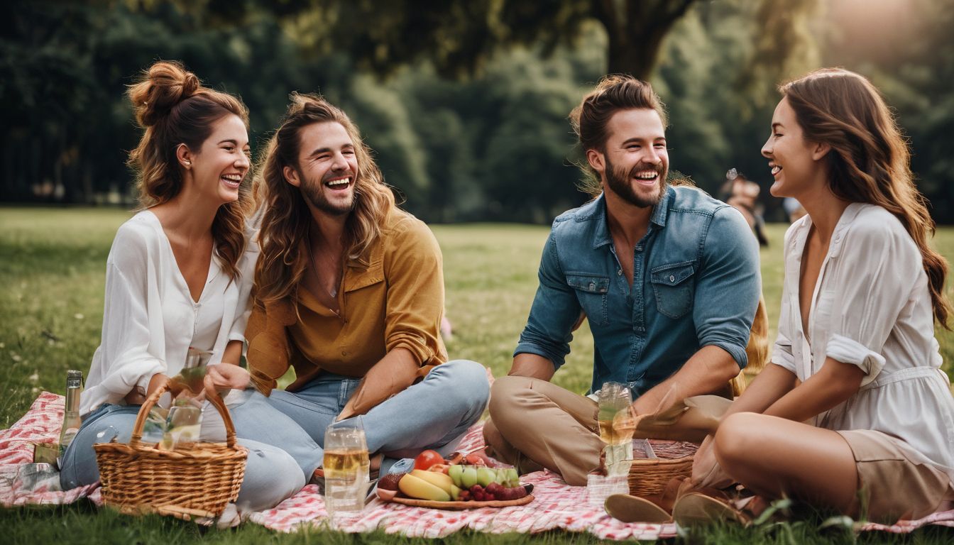 A diverse group of friends having a lively picnic in a beautiful park.