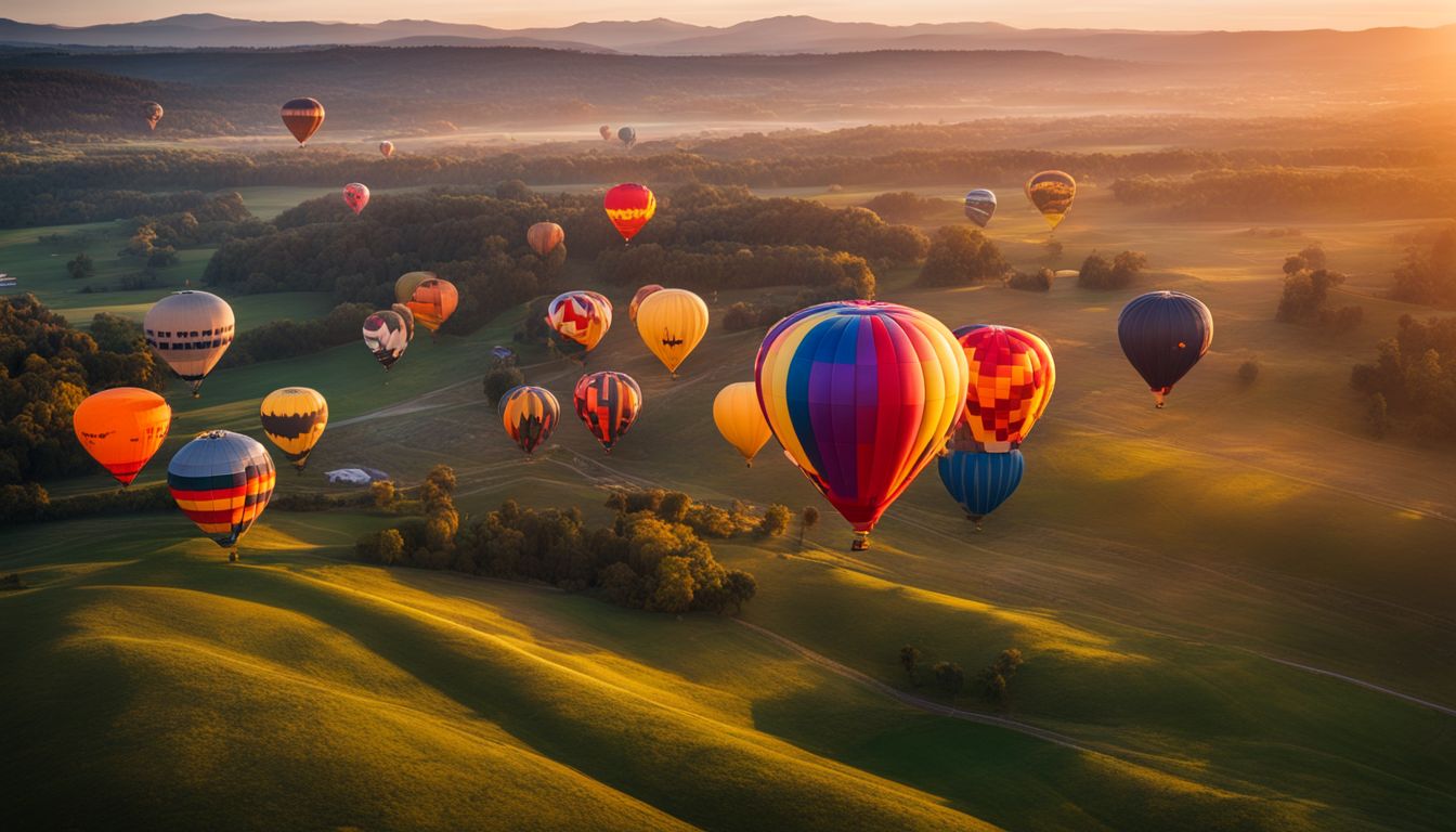 A vibrant sunrise sky filled with a line of colorful hot air balloons.