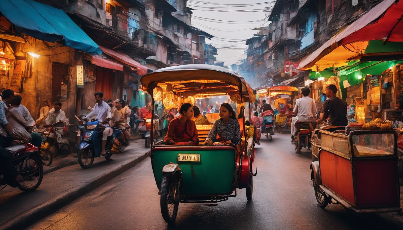A group of locals ride colorful rickshaws through bustling streets in a vibrant cityscape.