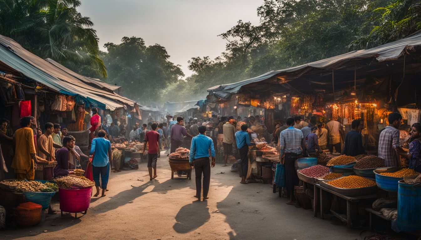 A lively fish market in Sundarbans with a diverse crowd and bustling atmosphere.