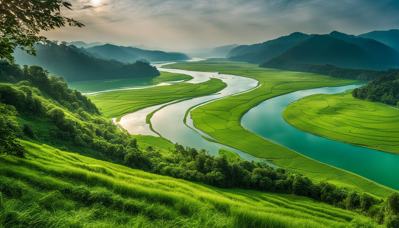 A stunning photograph capturing the scenic beauty of the Brahmaputra river winding through the hills of Chittagong.