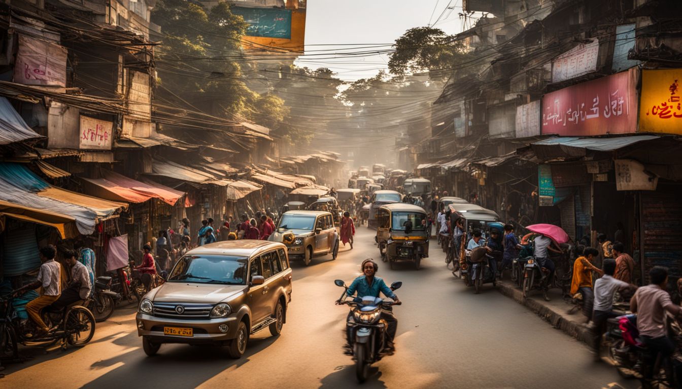 A vibrant street scene in Dhaka with a diverse crowd captured in crystal clear detail.