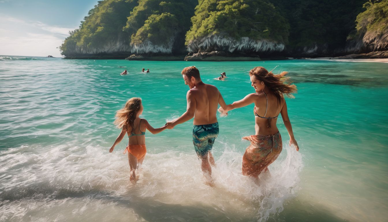 A joyful family enjoys playing in the clear turquoise waters of Long Beach, Koh Lanta.