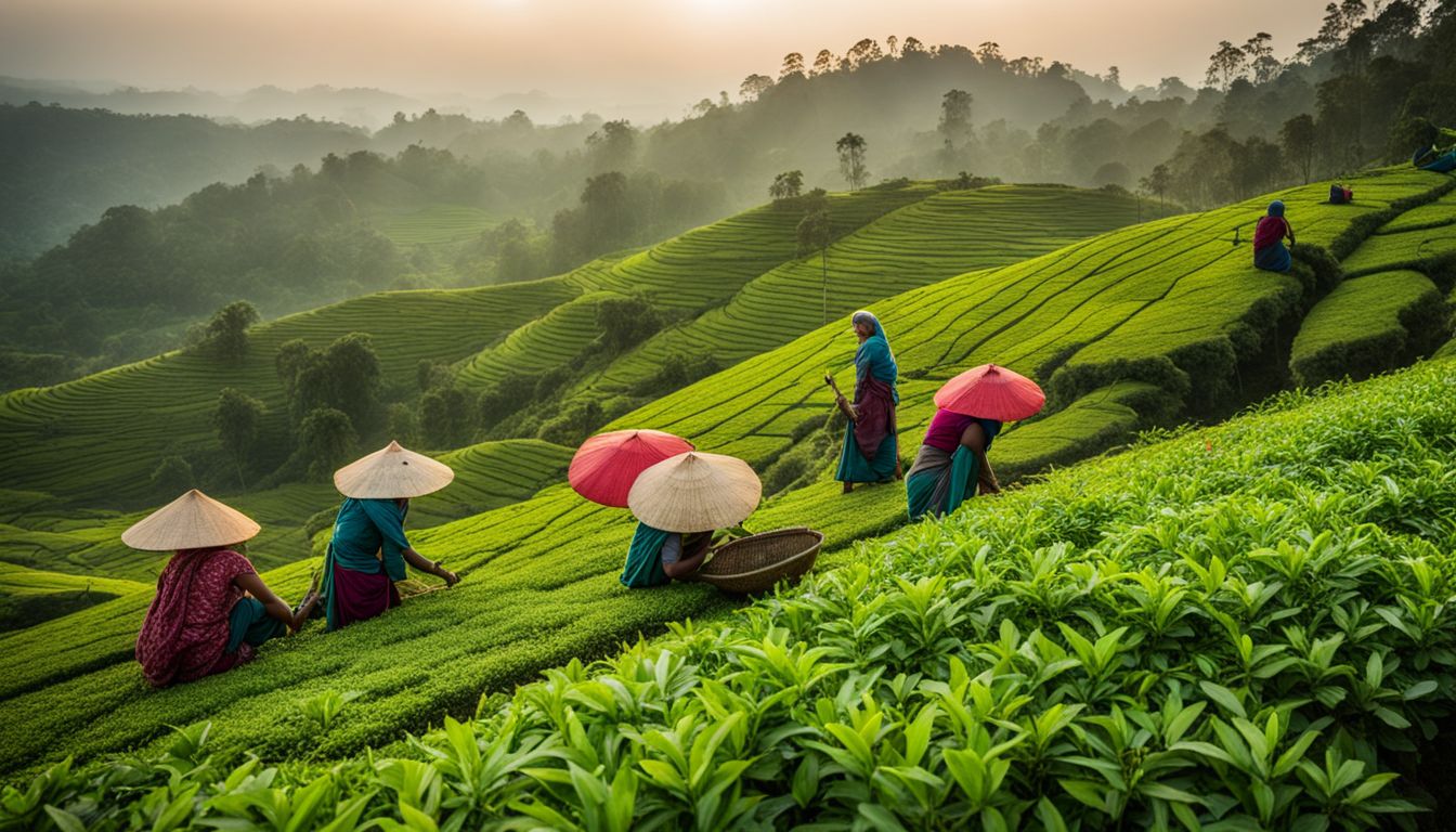 Tea pickers in Sylhet's lush green gardens harvesting leaves with beautiful landscapes in the background.