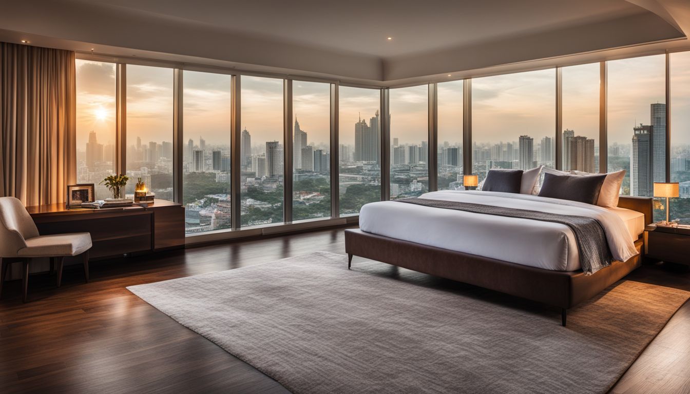 An elegant bedroom with a king-sized bed overlooking the bustling skyline of Bangkok.