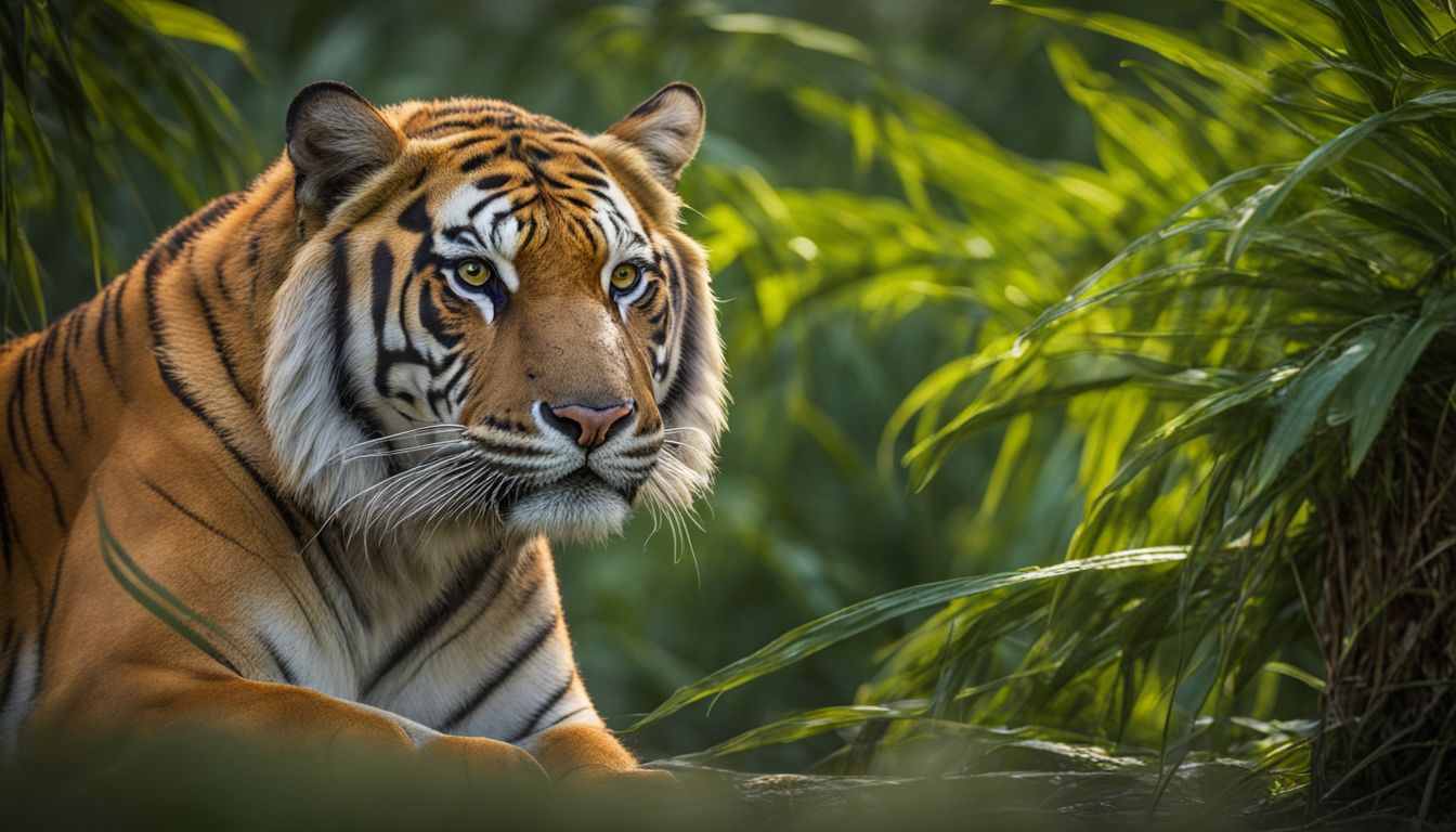 A close-up photo of a Bengal tiger with intense eyes and textured skin in the Sundarbans forest.